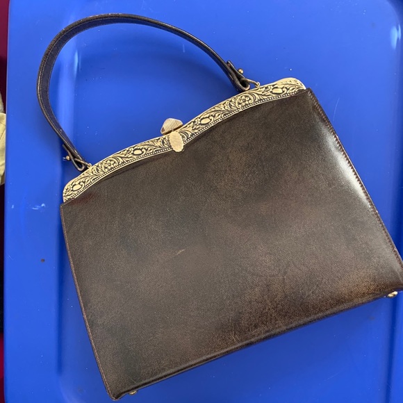 Vintage 50s Brown Leather Boxed Handbag - Picture 3 of 13